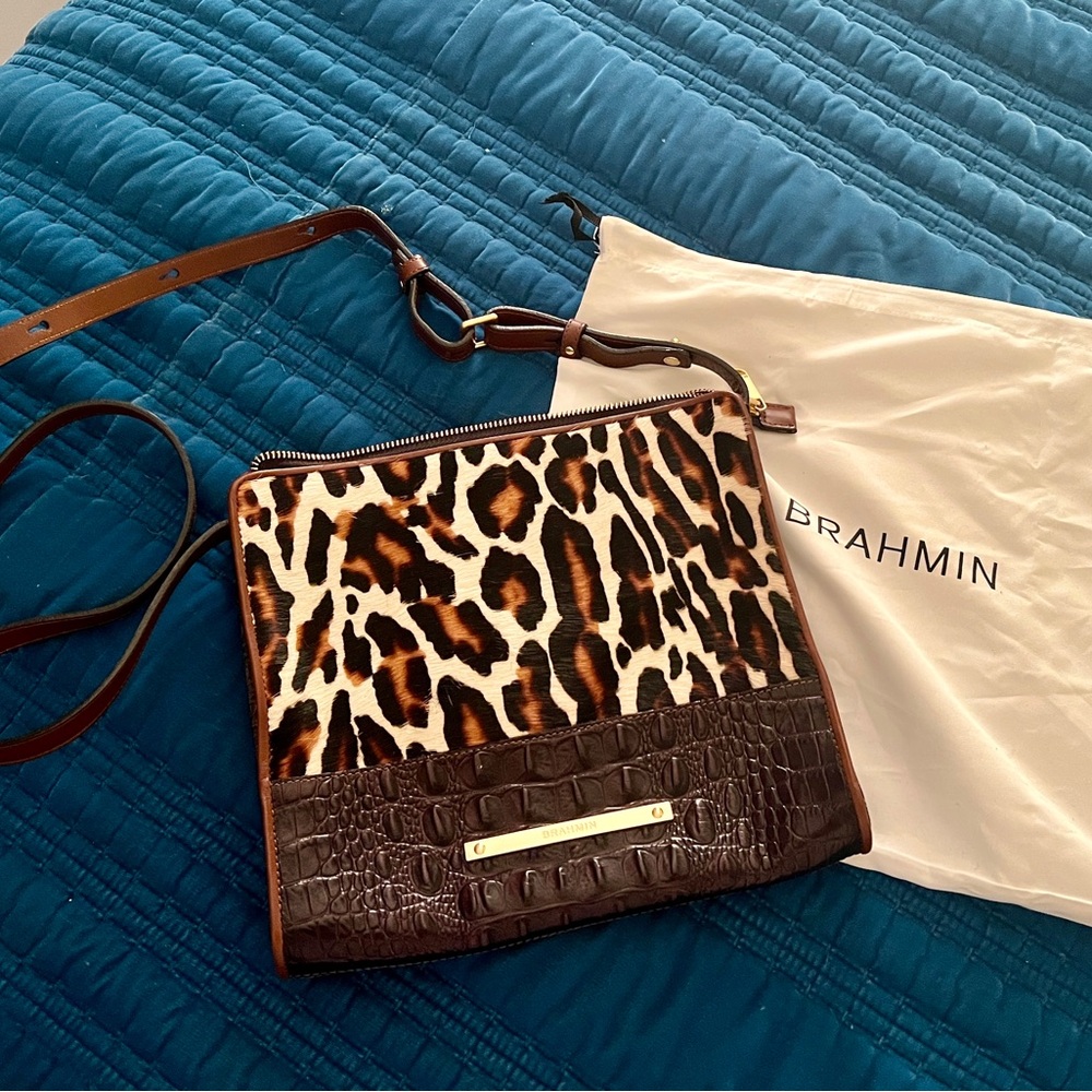 Brahmin Leopard Print and Brown Crossbody Bag in Excellent Used Condition!